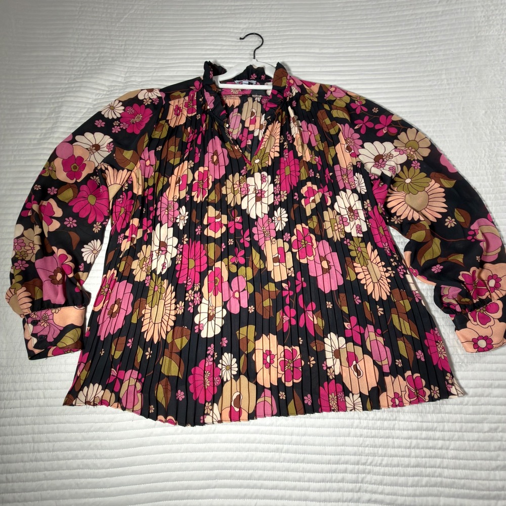 Floral & Ivy Pleated Blouse Womens L Black Pink Floral Excellent 70s Retro Style